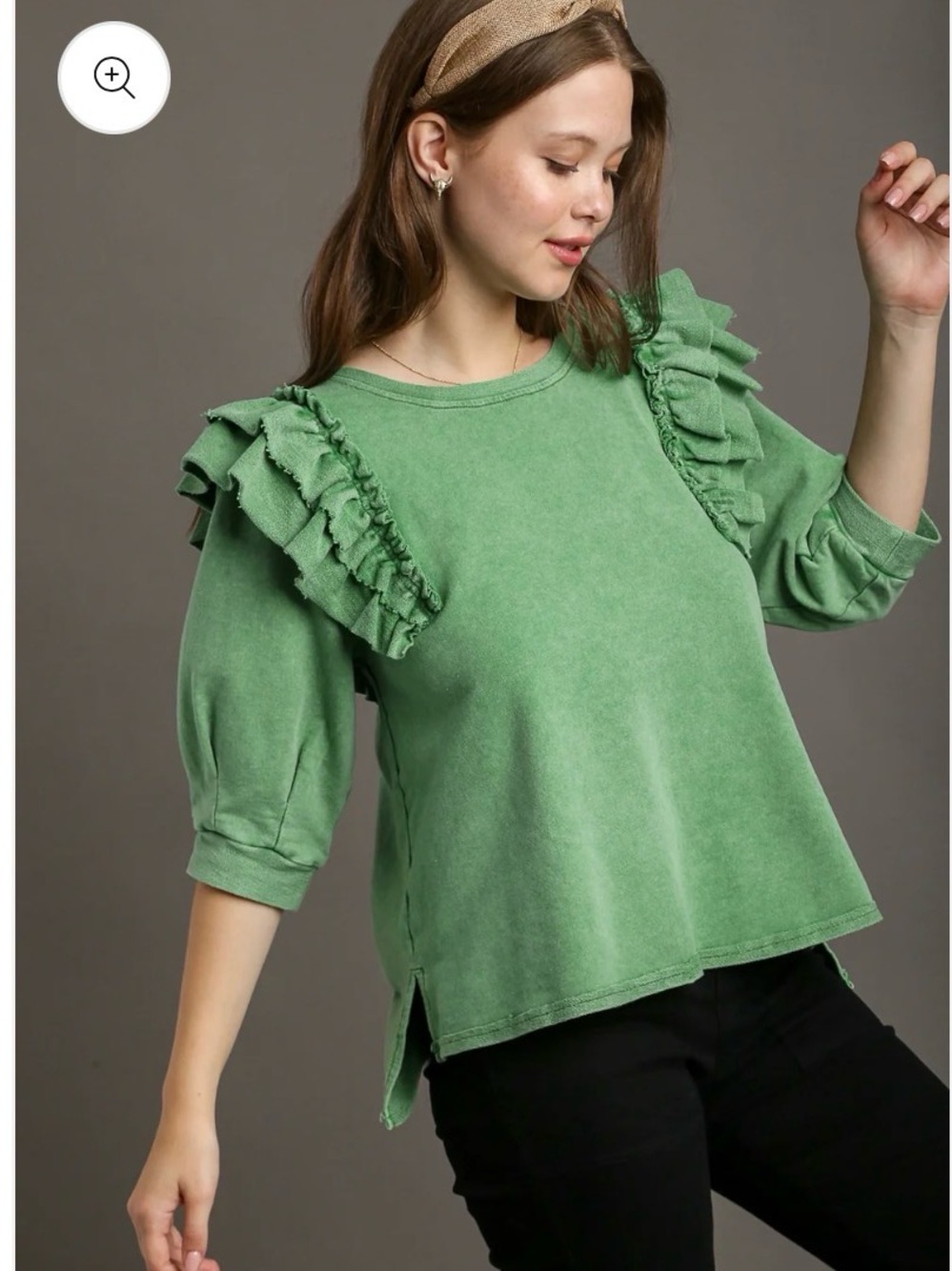 Umgee Green Ruffle Shoulder Short Sleeve Sweatshirt Oversized Small